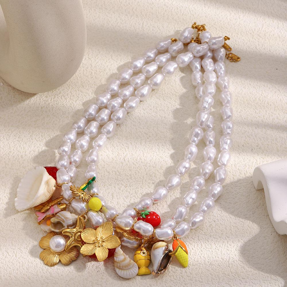 MamacitaSlay 316L Stainless Steel Ocean Series Flower Pearl Necklace 18K Gold Plated Waterproof Jewelry Vacation Party Necklace