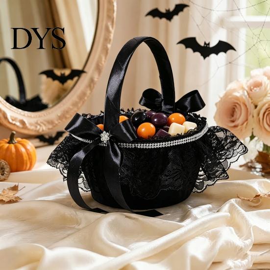 Durable Halloween Basket Black Flower Girl with Handle And Bow, Gothic Satin Lace for Wedding Ceremony, Bridal Party, Home Decor Decorative Masquerade