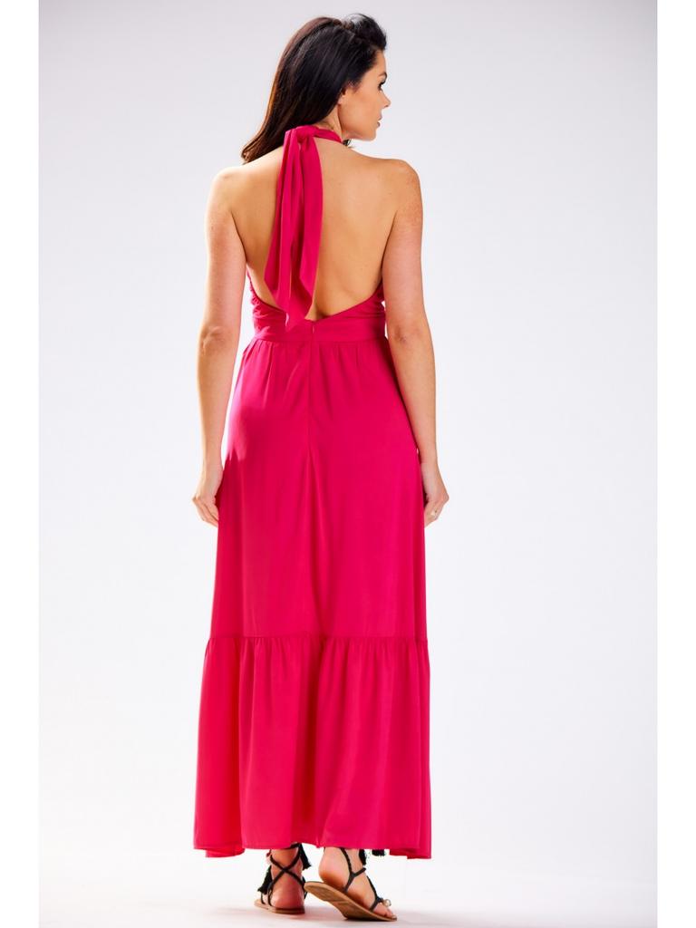 Viscose Maxi Dress with Open Back, Pink - Fuchsia, Size S
