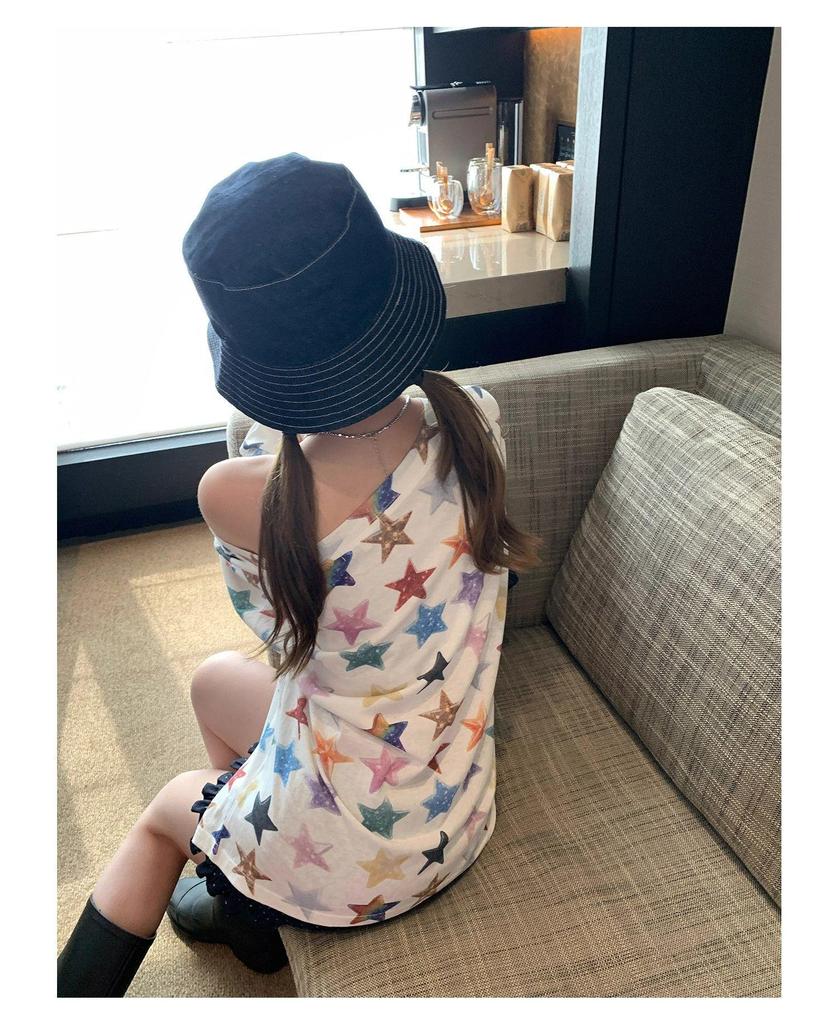 Chic Women's One-Shoulder Star Print Long Sleeve Tee for Fall 2025 - Lightweight Sun Protection Cover-Up