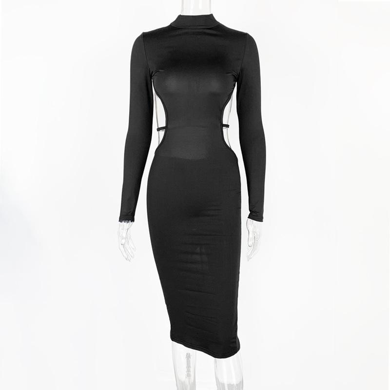 

European & American 2022 Autumn Women s Sexy Backless High Neck Long Sleeve Dress Large чорний