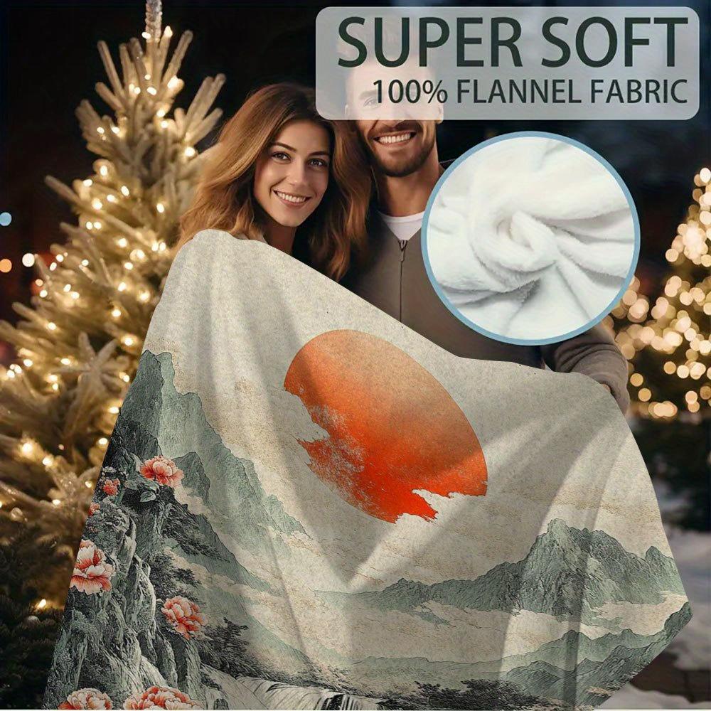 1Pc Vintage-Inspired Mountain & Sunset Printed Blanket, 60X80 Inch, Soft Cotton Fabric, Ideal For Family Travel And Camping