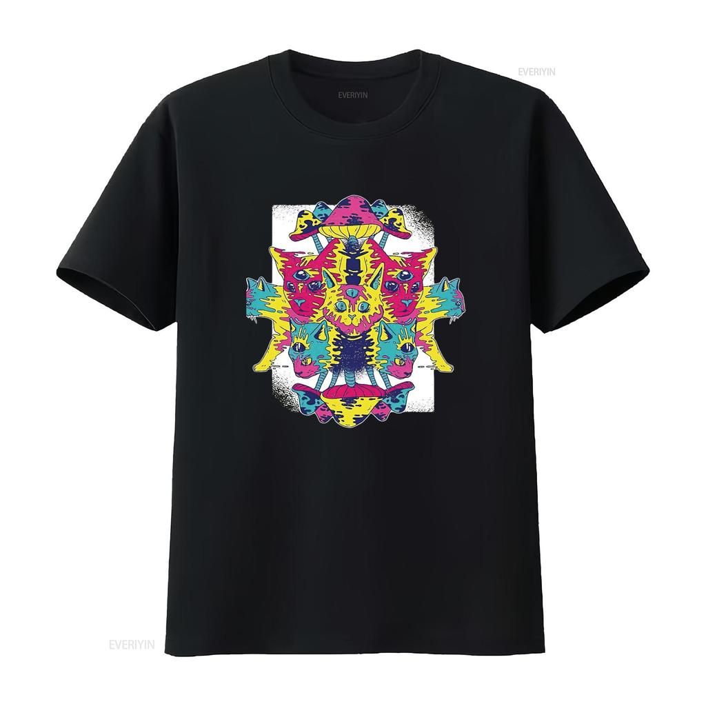 Herren Ideen für Katzenliebhaber Psychedelische Kätzchen und Pilze Design Schwarz Mehrfarbig T-Shirt vintage Gewaschen Dehnbar Stilvoll