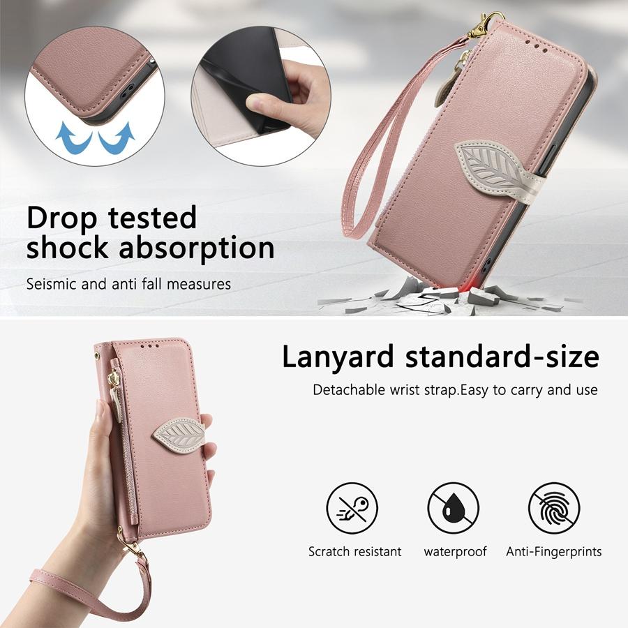 PU Leather Leaf Buckle Multi-function Wallet Case for OPPO/VIVO/Redmi/Google 3 Card Slots + Zip Coin Pocket + Stand & Detachable Long Shoulder Strap