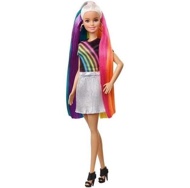 Barbie-Puppe Glänzende Regenbogenhaare + Zubehör FXN96