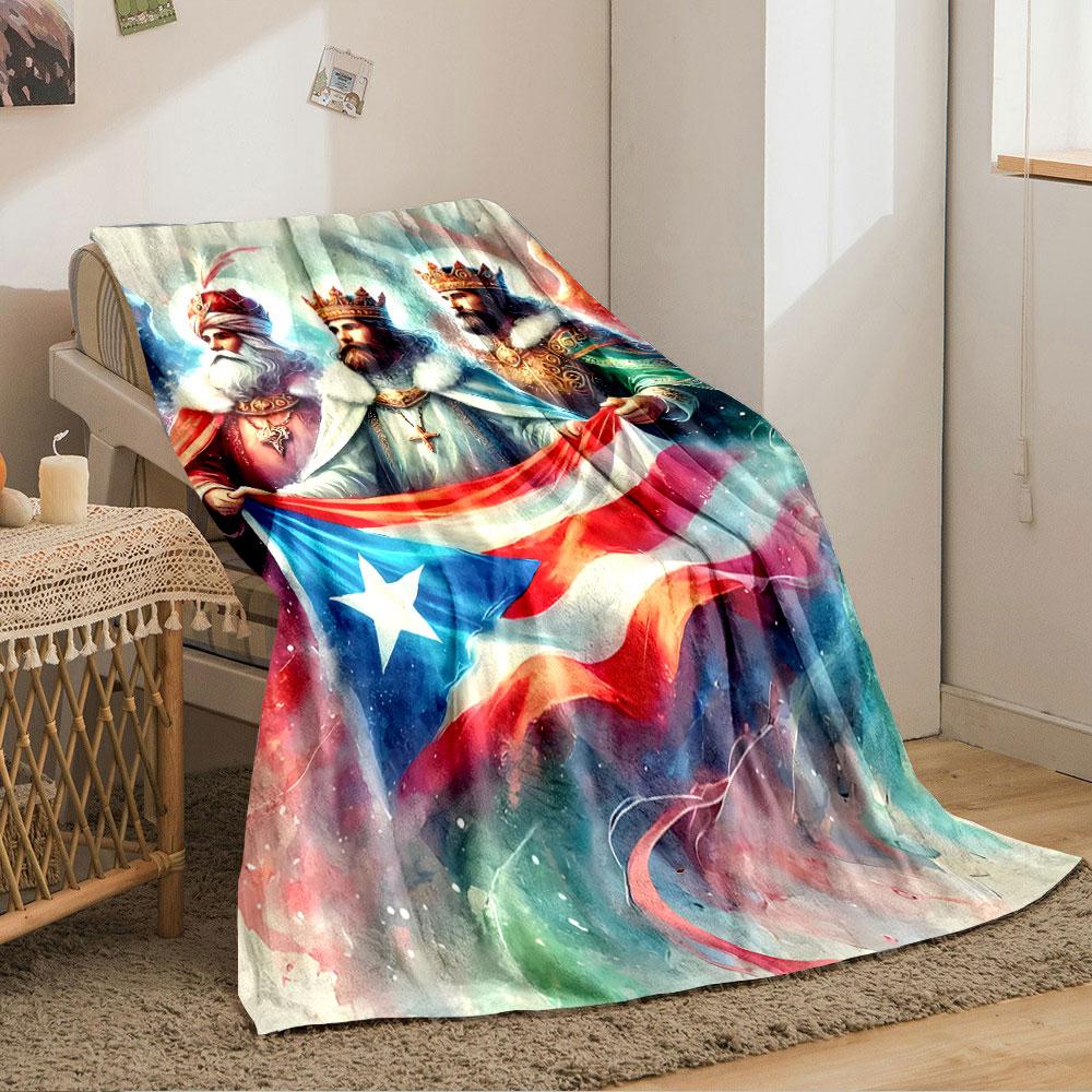 Three crowned figures holding the Puerto Rican flag amid vibrant colors. for all seasons blanket lunch break throw gift