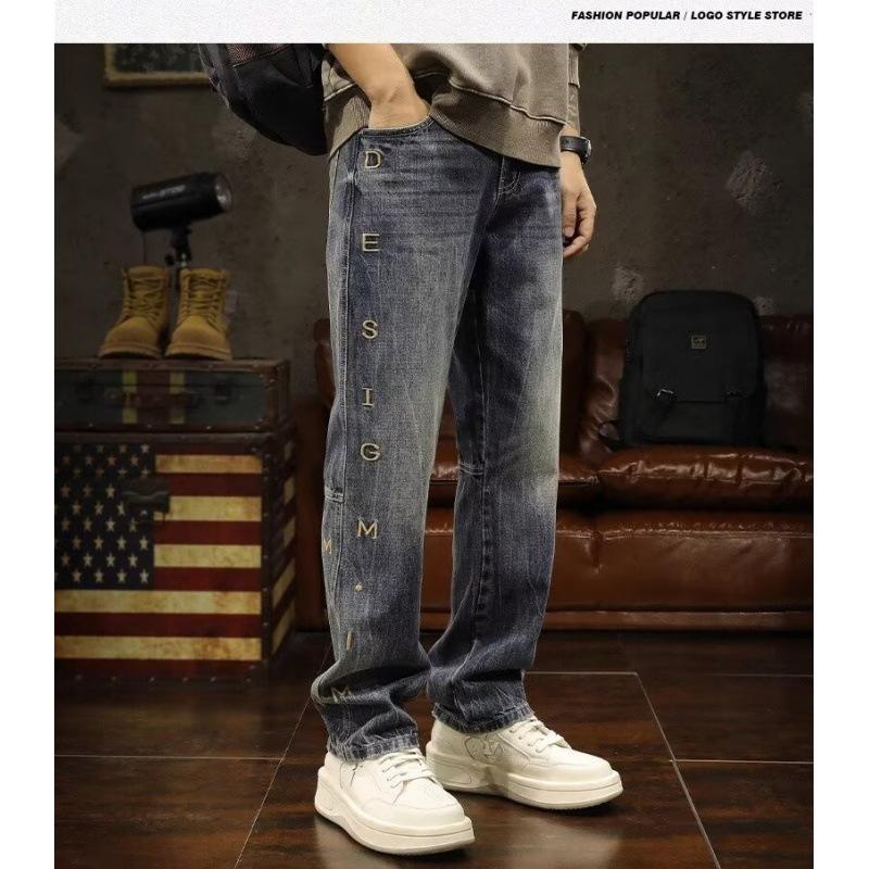 JYL Men s Straight Jeans American Embroidered Letter Spring Wide-Leg Denim S брансуик зеленый