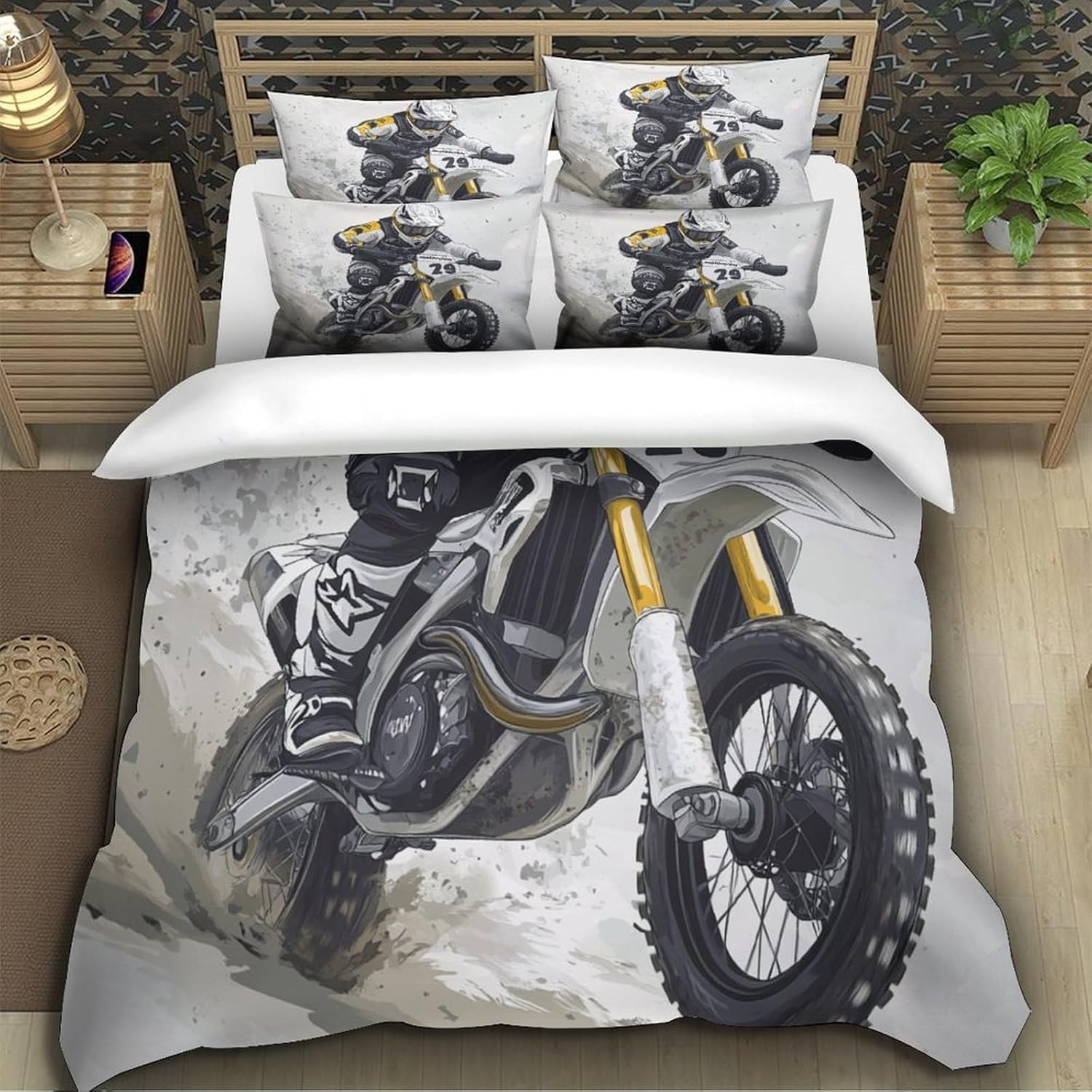 Crossmotor 3D-print Dekbedovertrekken, Motorfiets Zachte Microvezel Beddengoed Set En Kussensloop Verborgen Rits Voor Kinderen Tieners Enkel 260x220cm-3pcs