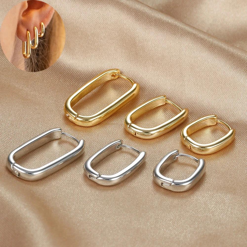 3PCS Vintage Stainless Steel U-Shape Hoop Earrings Set for Women Geometry Circle Square Earring Piercing Jewelry aretes mujer