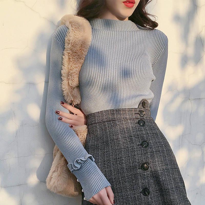 

Узкий свитер с полуводолазкой для женщин, длинный рукав, трикотажный свитер, тонкая нижняя часть рубашки M синий