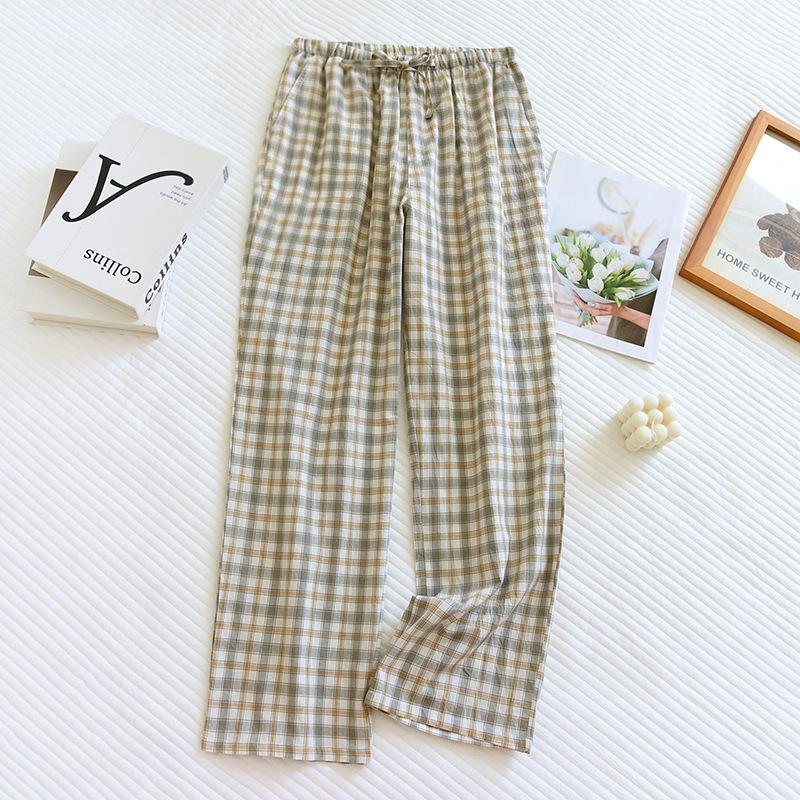 Dámské jarní a letní tenké bavlněné kalhoty s elastickým pasem, volné kostkované domácí kalhoty