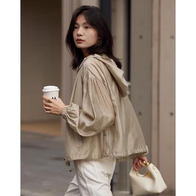 Women's Tencel Blend Puff Sleeve Hooded Lightweight Jacket