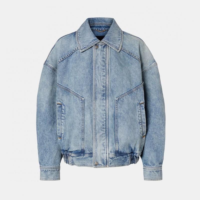 Womens Distressed Washed Denim Jacket Relaxed Fit With Cinched Waist Zipper Front Long Sleeve Casual Outerwear