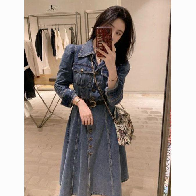 Hong Kong Retro Denim Shirt Dress for Women: Slim-Fit, Elegant, Single-Breasted, Perfect for Spring & Autumn