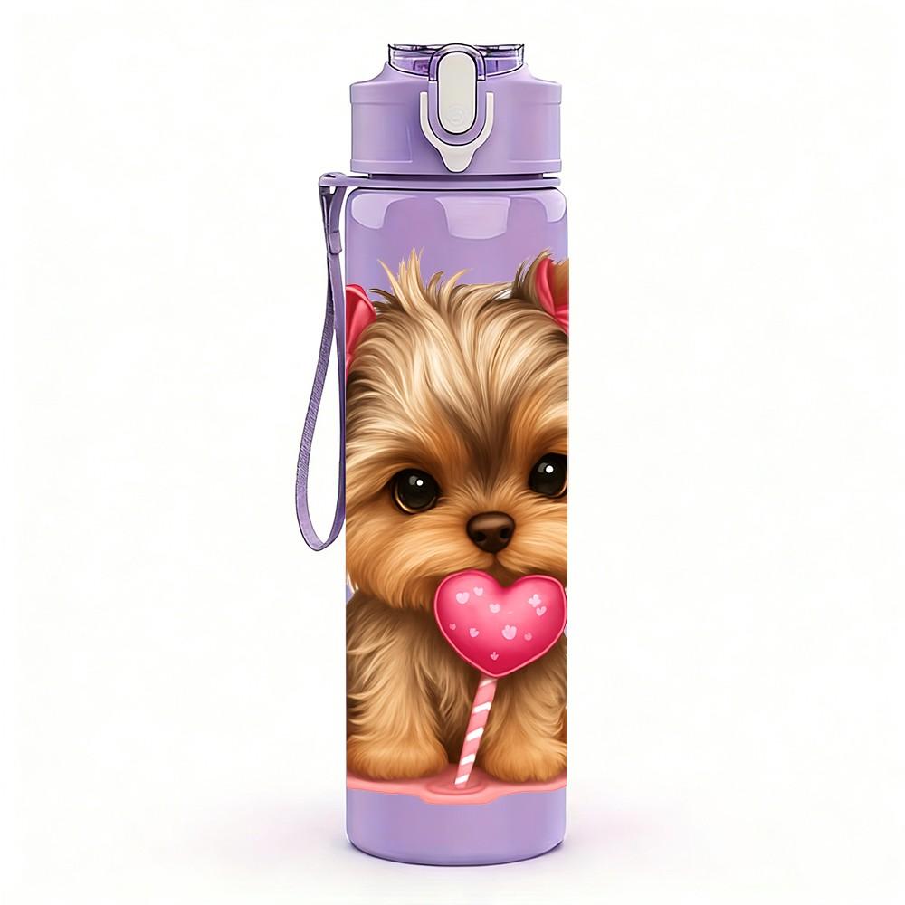 1PC Yorkshire Dog Holding Heart Print 750ml Color Plastic Sports Water Bottle Leakproof Flip Straw Lid Suitable for Sports Office Home Use