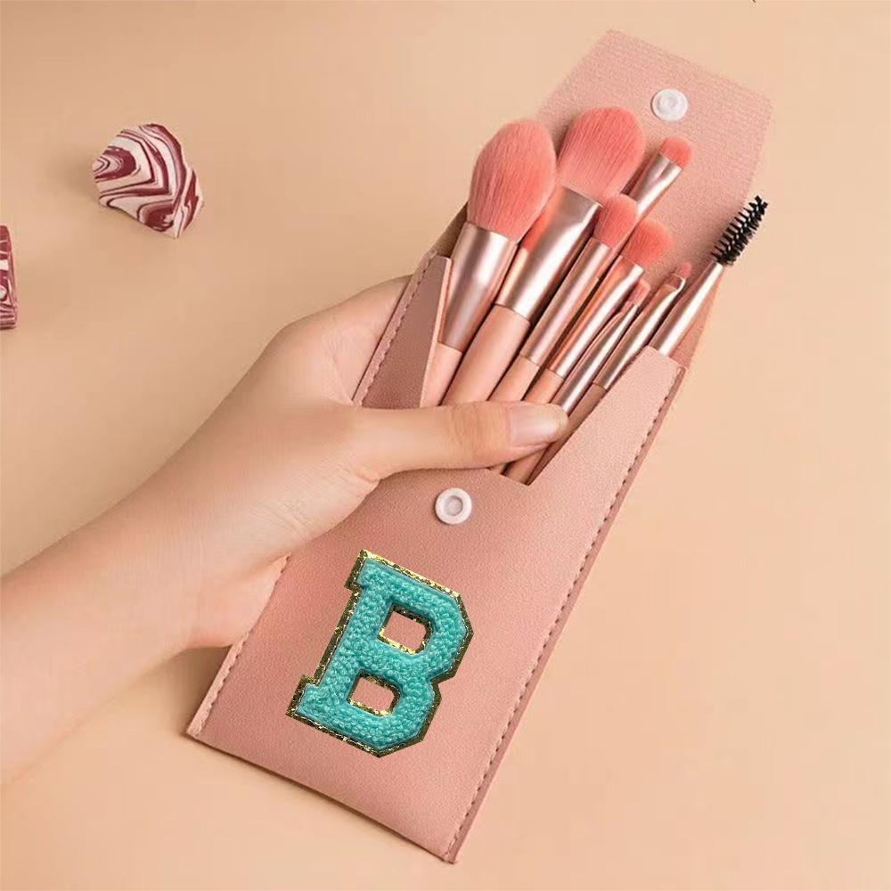 8Pcs Makeup Brush Set Portable Cosmetic Kit Pack Beauty Tool PU Bag Travel Organizer Initiial Chenille Embroidery Letter Pattern