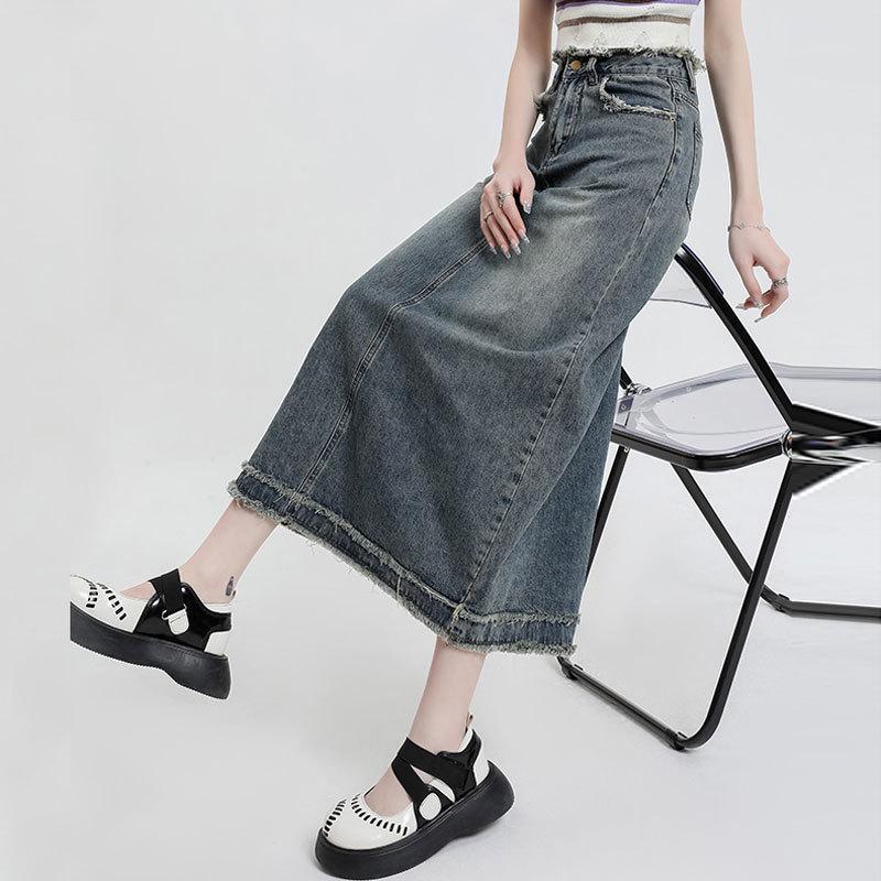 Akış Armut Şekilli Retro Jüt Yüksek Bel Denim Etek Kadın Kilo Kapatıcı A Kesim Kalem Etek Orta Boy Büstiyer Etek Moda Denim Büstiyer Etek