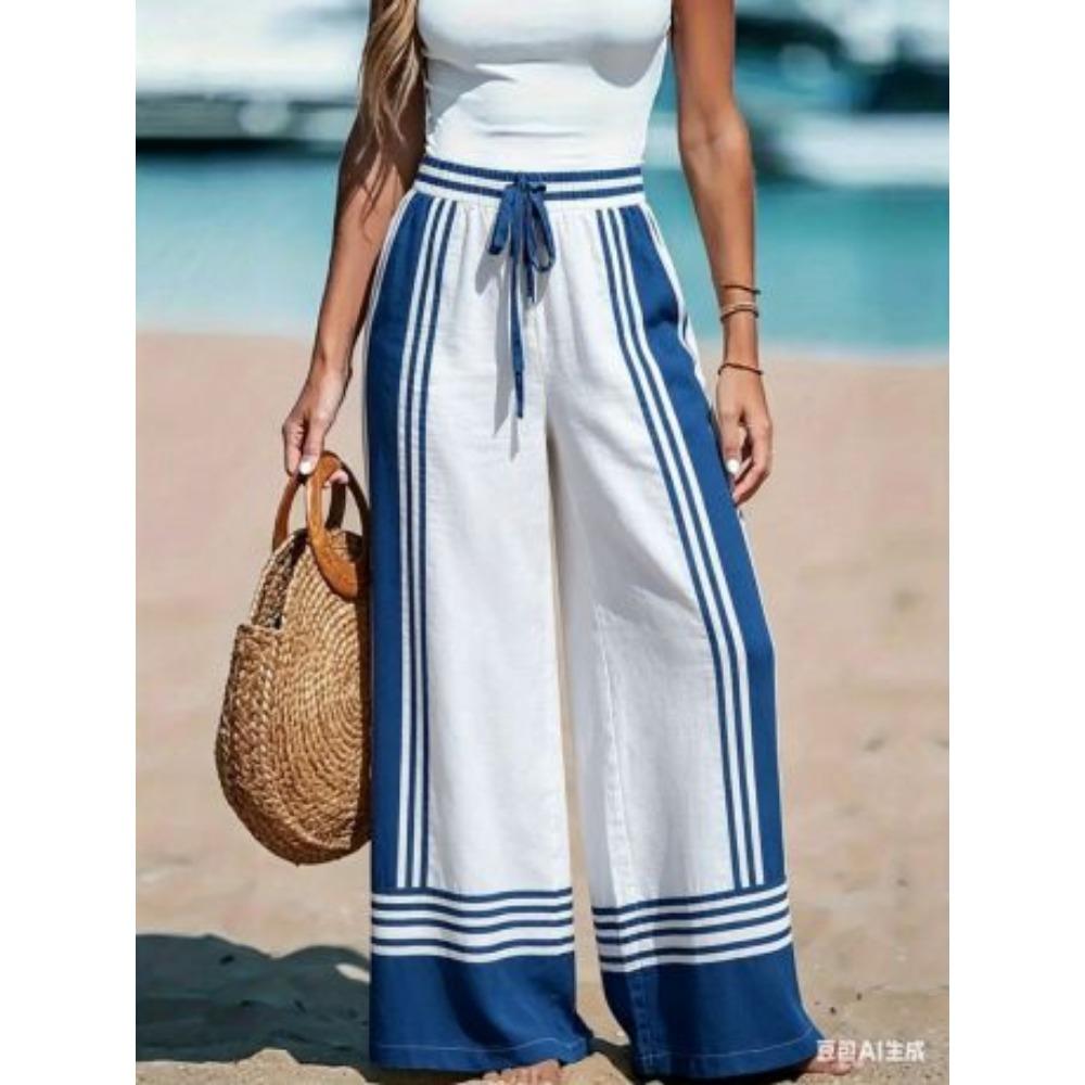 Floral Print Wide Leg Women Pants Spring Drawstring Bohemia Trousers Lady Casual Loose Elastic Waist Pantalonsw Plus Size