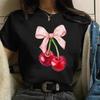 Casual Regular Length Knit Fabric Fruit & Vegetable Tees Women's Cherry Print T-Shirt Crew Neck Short Sleeve