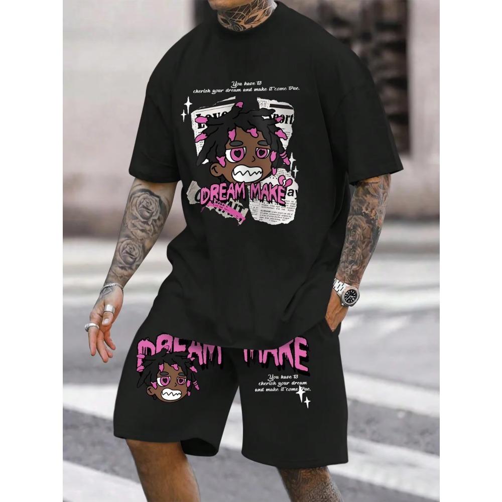 Cartoon Characters and Letter Printed Men's T-shirt and Shorts 2 Piece Set Summer Casual Outfit for Men's and Women's Clothing