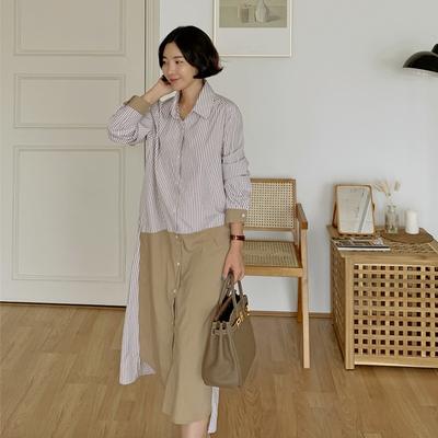 Spring and Autumn Korean Style Loose Casual Long Sleeve Striped Shirt Dress Women's Long Style Slim Dress