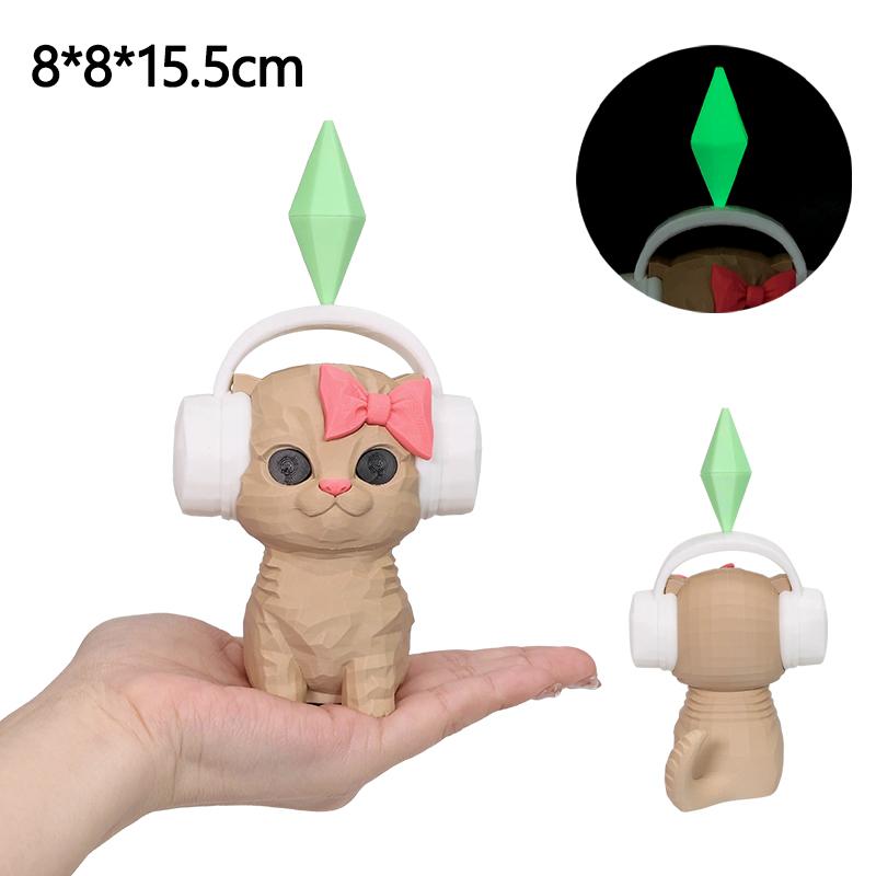 3D Printed Cat Figurine With Headphones & Plumbob Decor-Cute Geometric Kitten Statue,Home Desk Decor,Kawaii Room Accents Gift