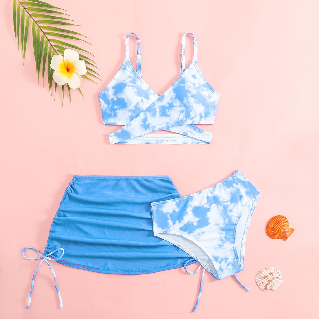 Costum de baie pentru copii costum de baie pentru femei cu fustă separată imprimeu tie-dye pentru copii de vârstă mijlocie și mai mari fete bikini costum de baie pentru copii set de trei piese