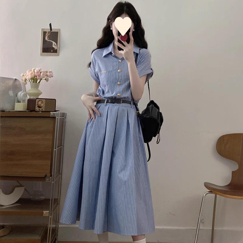 New High-end Blue Striped Shirt Dress Children's Summer Temperament Waist Polo Dress