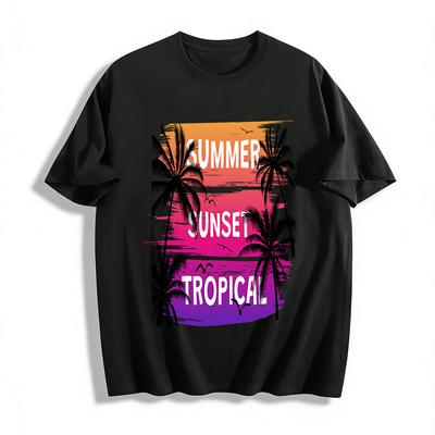 Sommer-Sonnenuntergang Tropischer Kokospalmen-Druck Lässiges T-Shirt Reines Baumwoll-T-Shirt