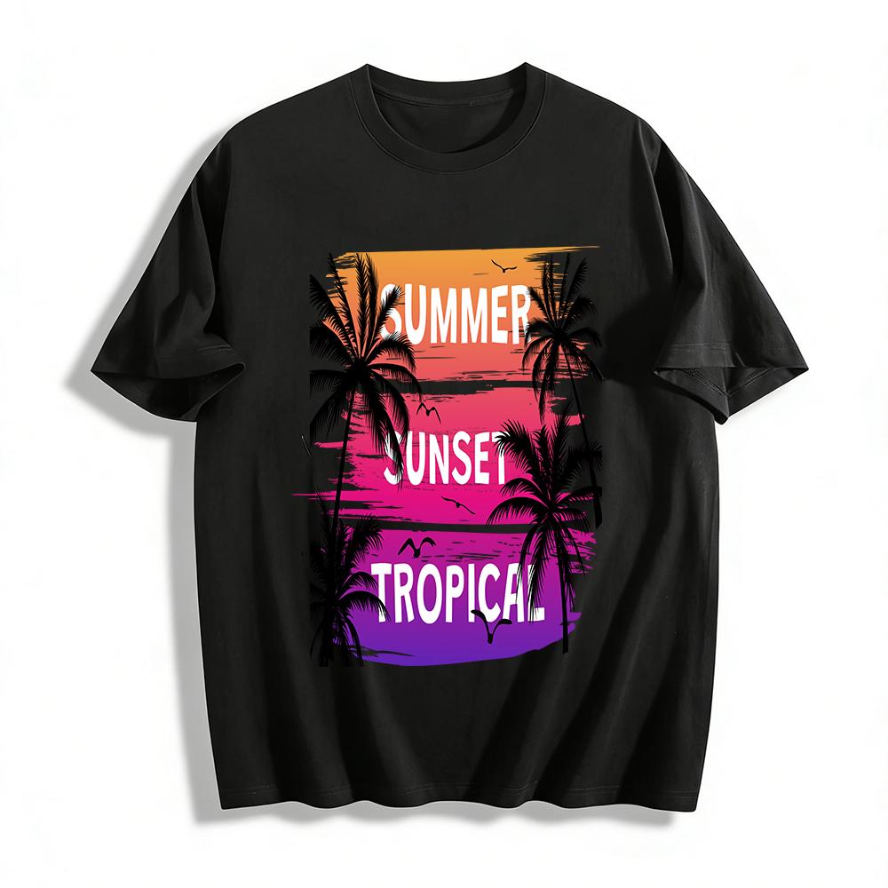 Summer Sunset Tropical Coconut Tree Print Casual T-Shirt Pure cotton T-shirt XXS