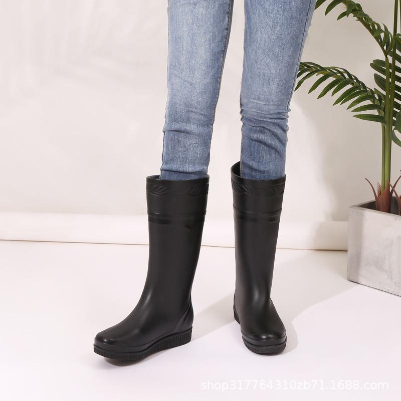 Fashion long rain shoes extra high rain boots women's velvet cotton flat-bottomed water shoes women's non-slip rubber shoes water boots matte