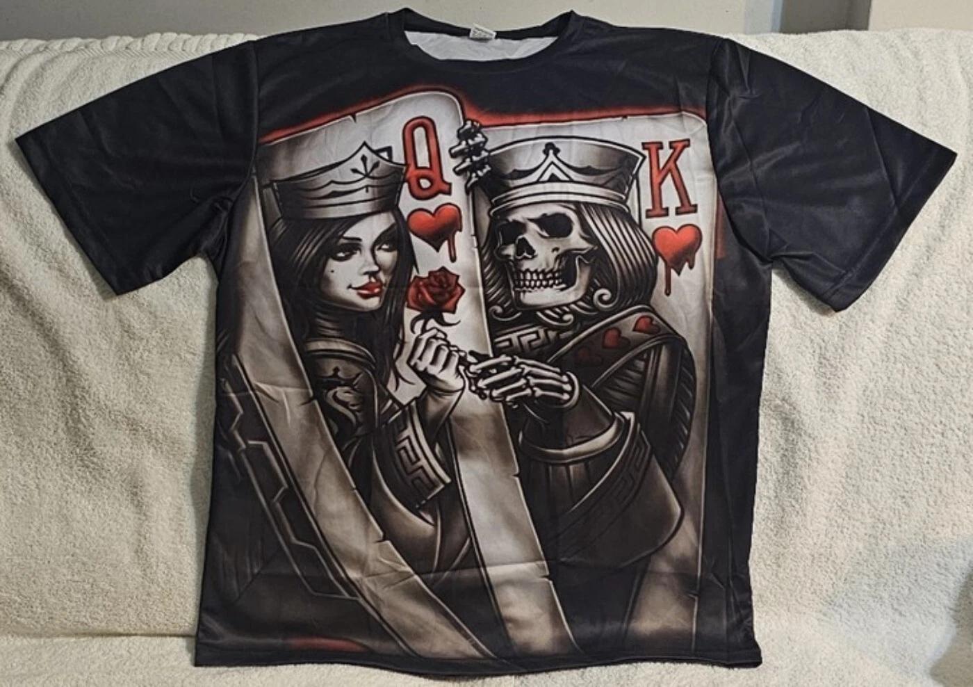 

SKELETON LADY KING QUEEN HEARTS CARD ROSE FLOWER SKULL HORROR SCARY T-shirt S