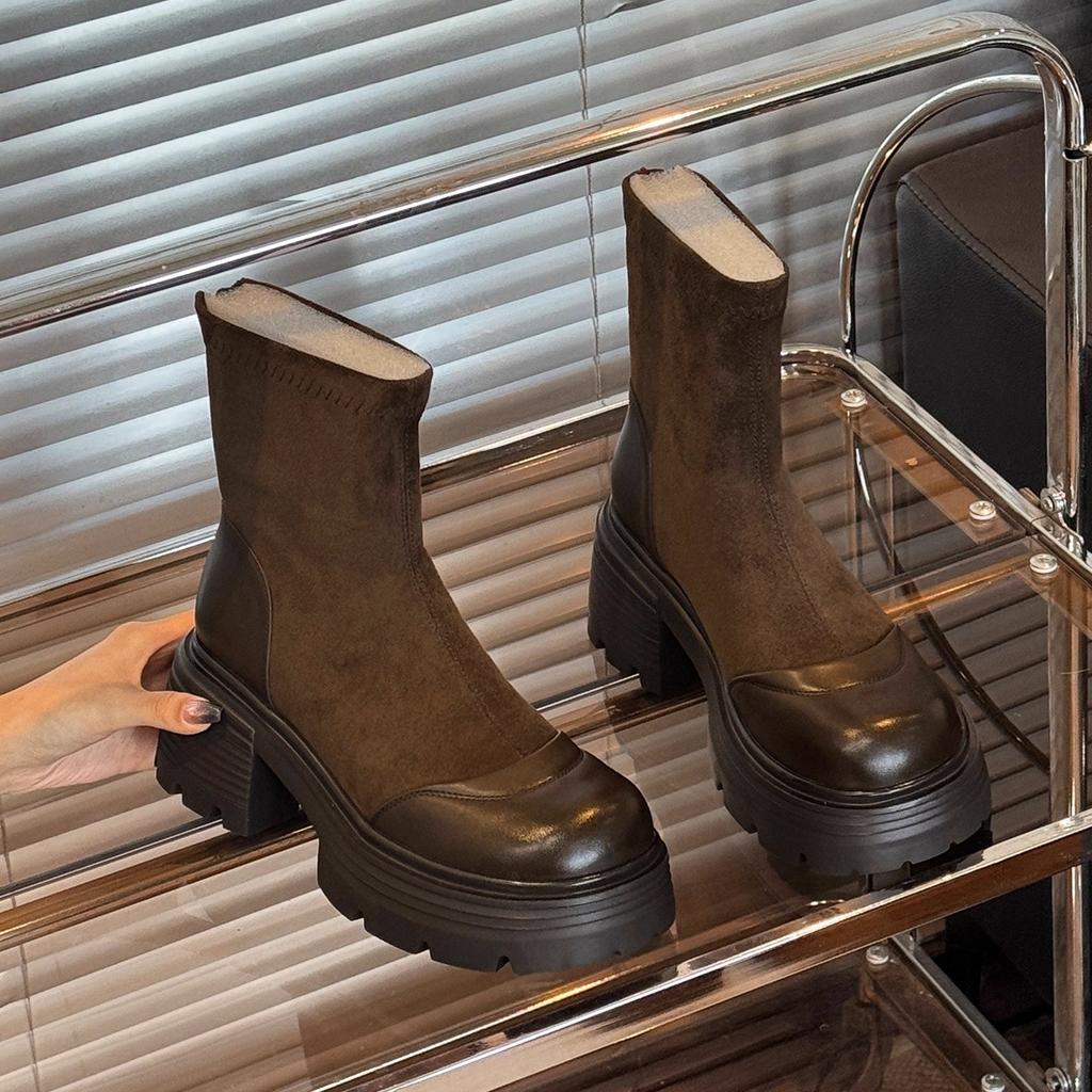 7Cm height-increasing short boots women's thick heel high heel 2025 spring and autumn new versatile Maillard leather Martin boots