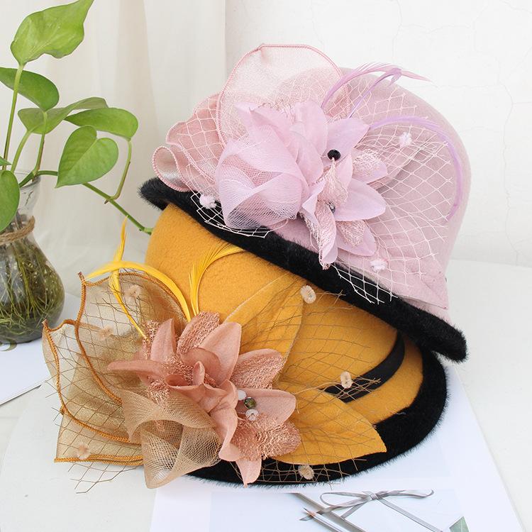 

Woolen Hat Female Autumn And Winter British Celebrity Feather Mesh Yarn Dome Top Hat Casual Versatile Bucket Hat Basin Hat Tide Adjustable кавовий