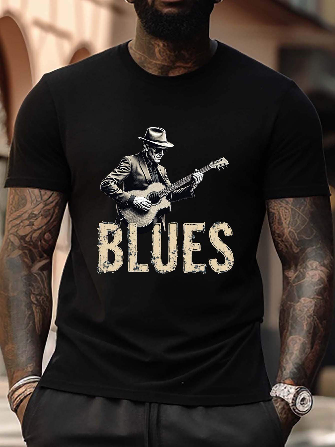 Plus Size Blues Musician with Guitar Graphic T-shirt - 100% Polyester XXL