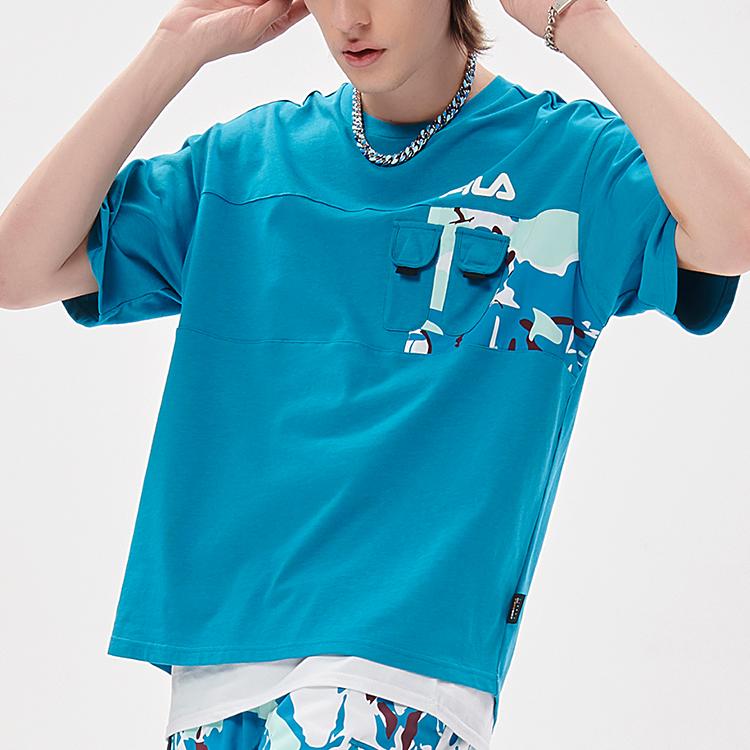 Fila Fusion Brand Logo Pocket Splicing Printed Loose Street Sports Casual Breathable Round Neck Short Sleeve Drop Shoulder T-Shirt T11M133107F-BU