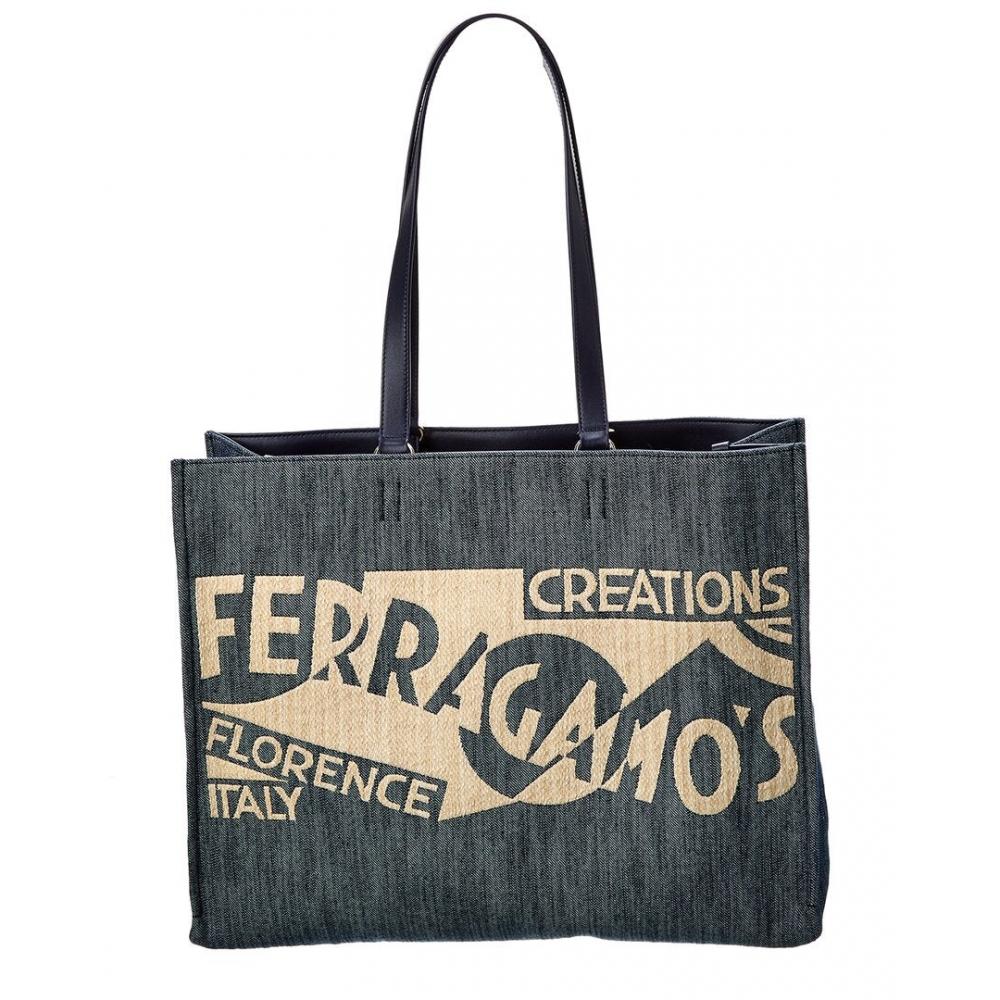 

Salvatore Ferragamo Ferragamo Logo Large Denim Leather Tote Blue One Size