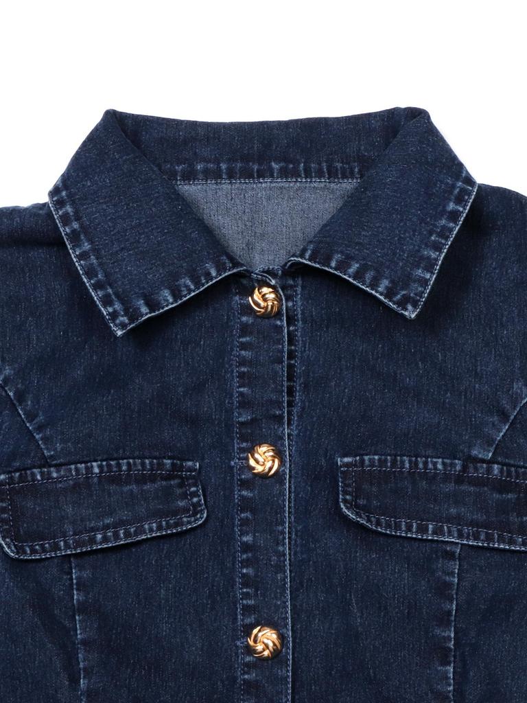 Women's Denim Skirt Dress: Short Sleeve, Cardigan Style with Cinched Waist and Pockets