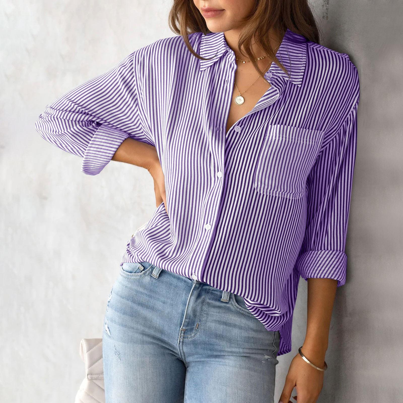 

Women s Striped Button Down With Pocket Long Sleeves Point Collar Shirt Tops S