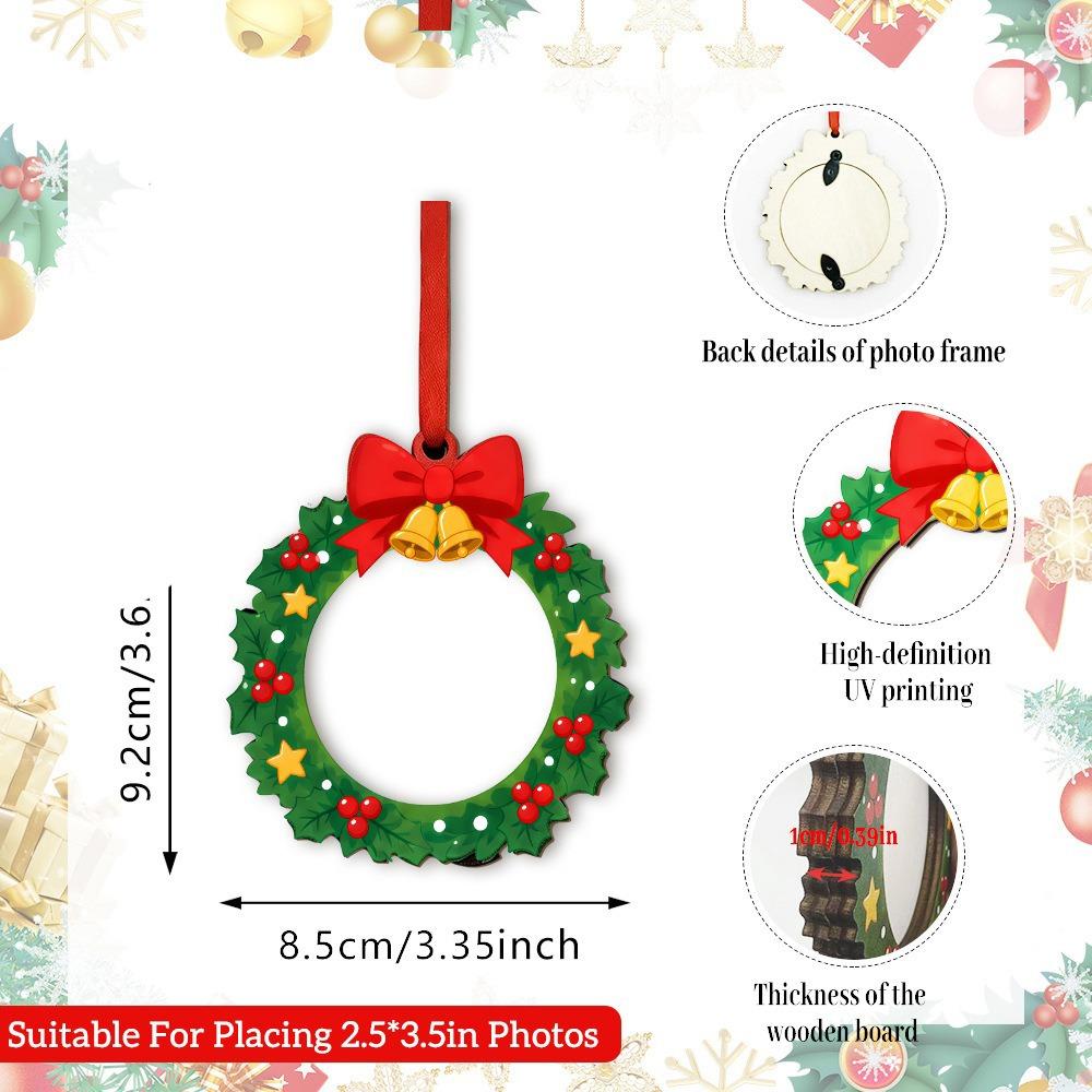 Flat Design Christmas Photo Frame Hanging Rope Bulk Set Wooden Picture Ornament 2D Style Wood Material Xmas Tree Decoration
