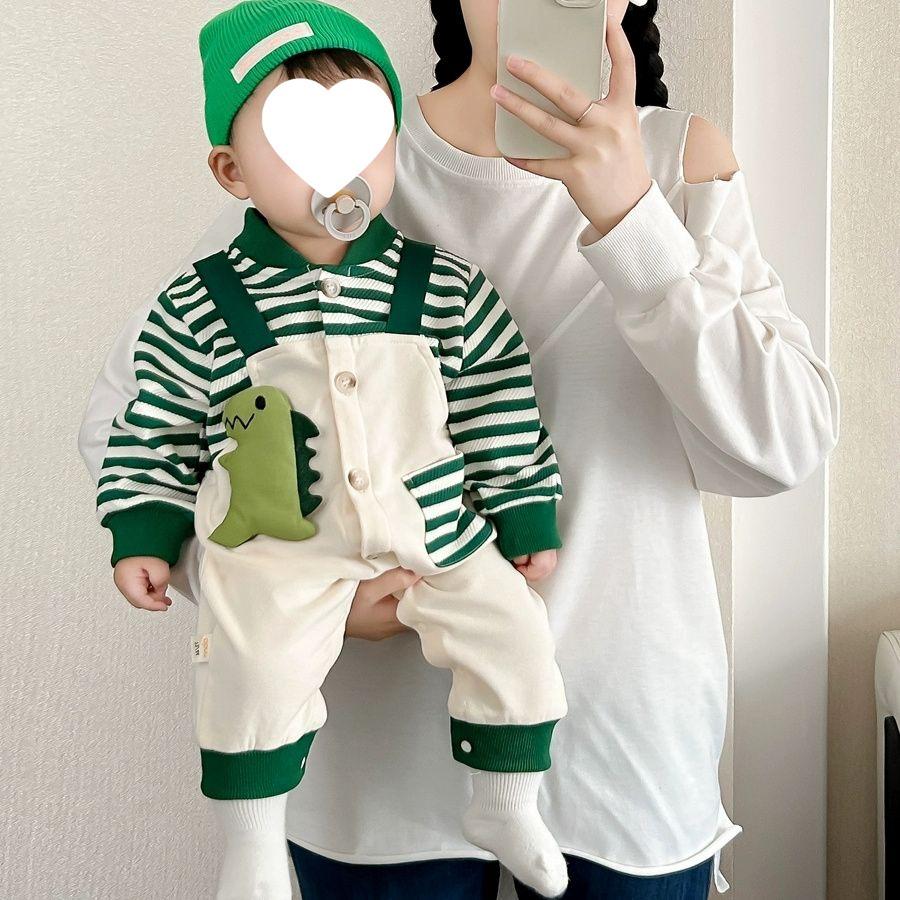 

2025 Полосатый детский ромпер с динозаврами - Боди с длинным рукавом для мальчиков и девочек, Осень/Весна. 66 (Newborn) - Up to 10 lbs