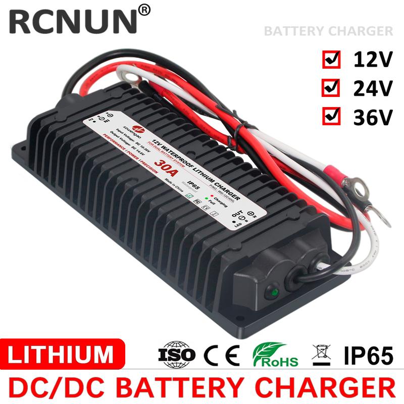 RCNUN Waterproof DC 10-36V 12V 24V to DC 14.6V 29.2V 43.8V Lifepo4 Lithium Battery Charger for RVs Boat Car Dual Battery System 14.6V 30A