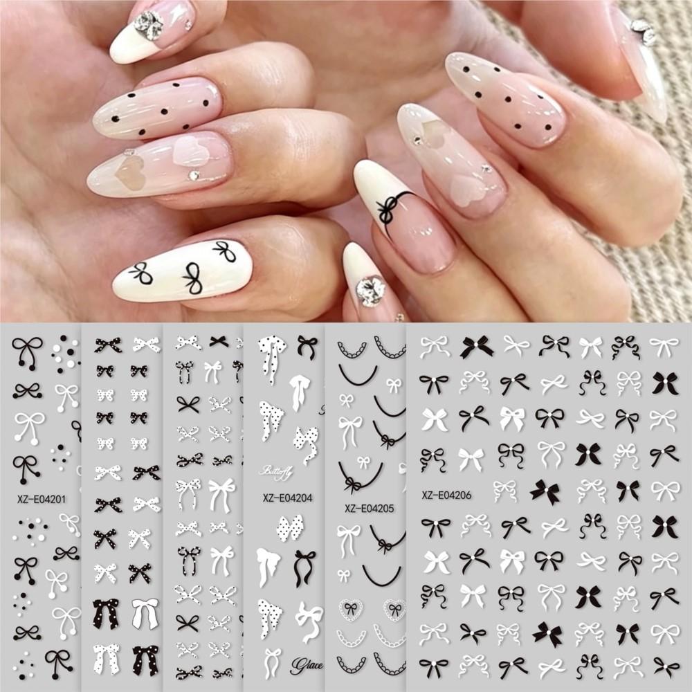 6pcs 3D Black White Bow French Nail Stickers Cute Polka Dot Bowtie Ribbon Nail Decals 8*10cm Self-Adhesive DIY Manicure Charms