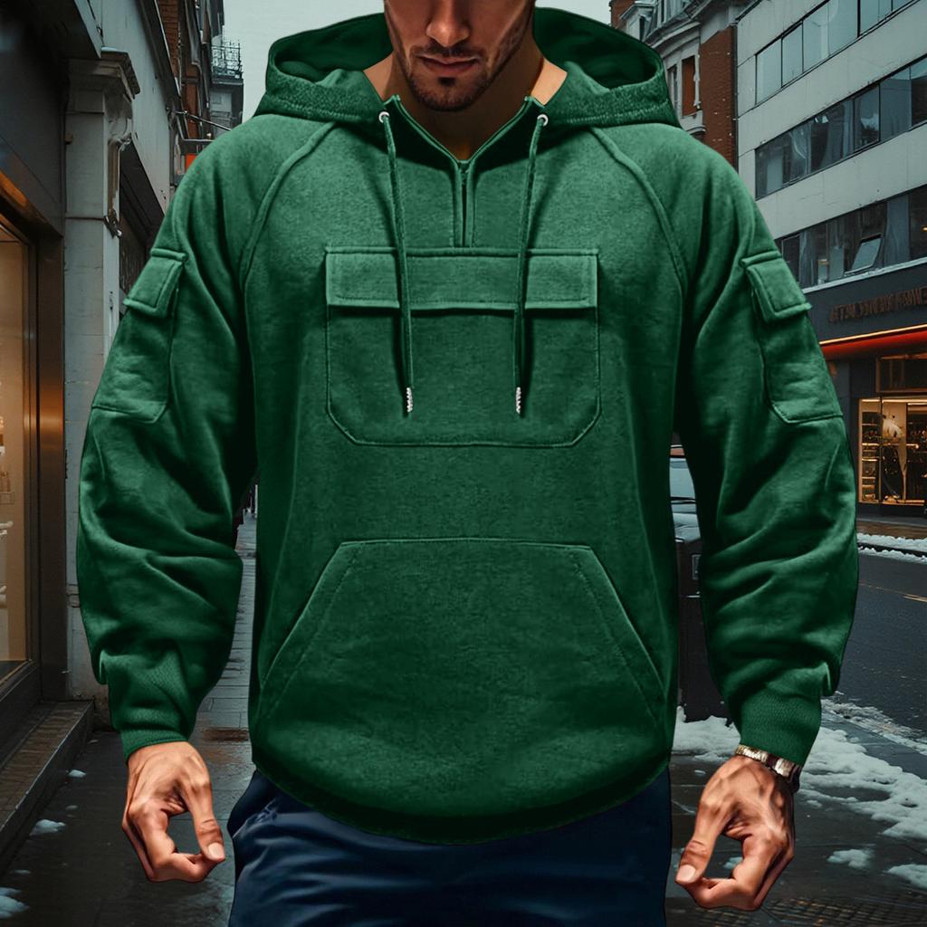 Men's Cargo Hoodie | Drawstring Multi-Pocket, Solid Color For Outdoor & Casual Wear