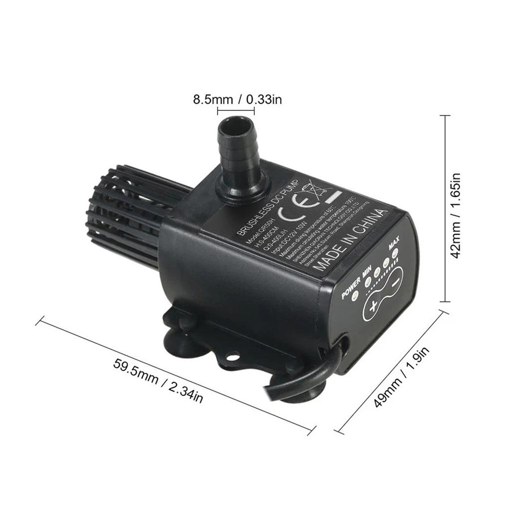 Fountain Submersible Pump Small for Aquarium Adjustable Flowrate DC 12V 10W 0‑400L/H 0‑400cm Lift QR50H