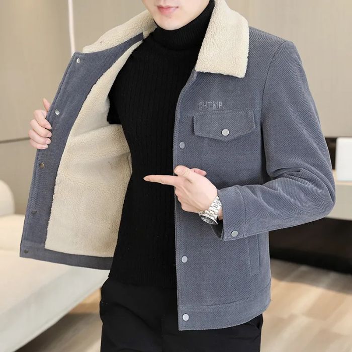 Men's Autumn and Winter Lapel Jacket, Solid Color Sheepskin Woolen Coat with Fur Collar and Fleece Warm Middle-aged Jacket