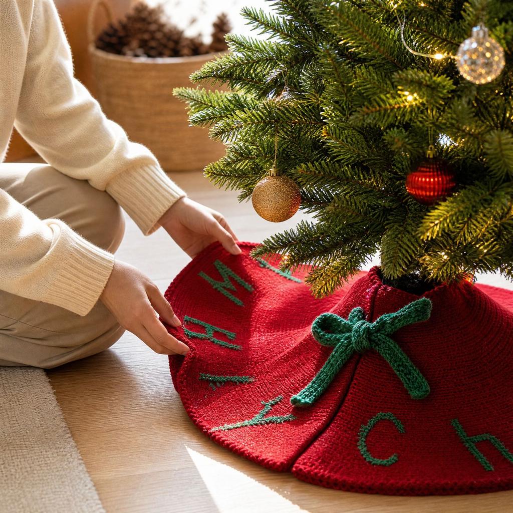 Red Knitted Wool Christmas Tree Skirt for Holiday Tree Base Decoration and Ornaments