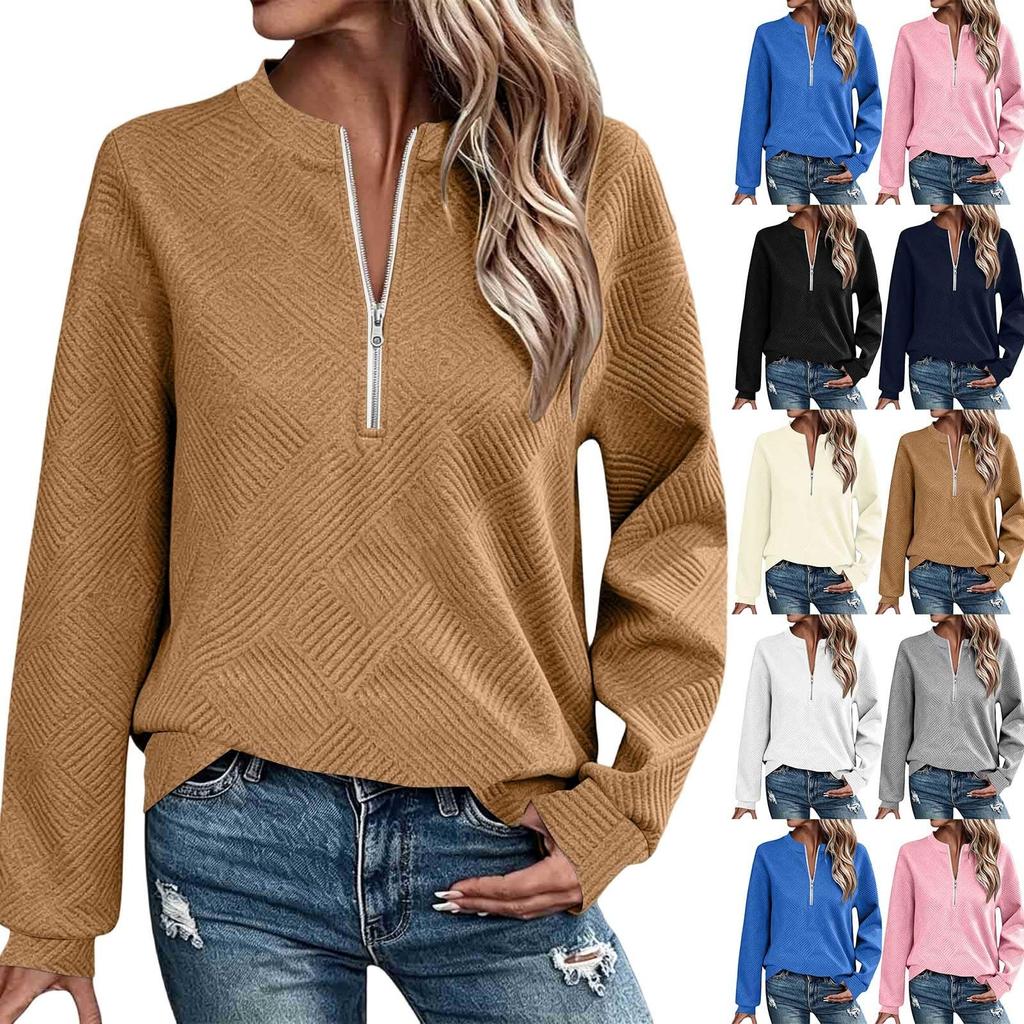 Women's Casual Long Sleeve Half Zip Stand Collar Sweatshirt Top