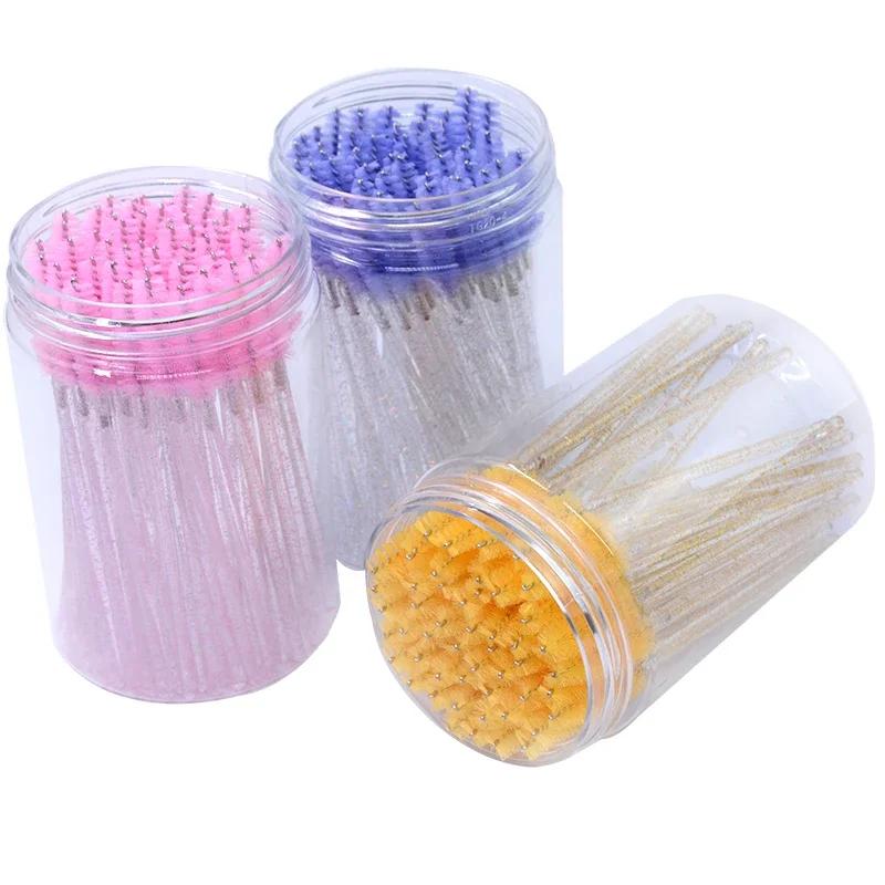 CNKESS 50Pc bags/cans Disposable Eyelash Extension Mascara Wand Glitter Micro Lash Brushes Spoolie With Container Case Wholesale