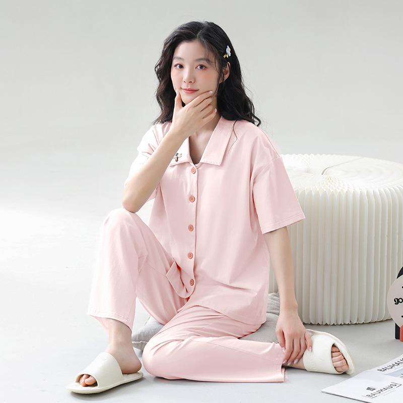 Summer women's pajamas with chest pads 1011 new pure cotton can be worn outside cardigan lapel summer simple home clothes